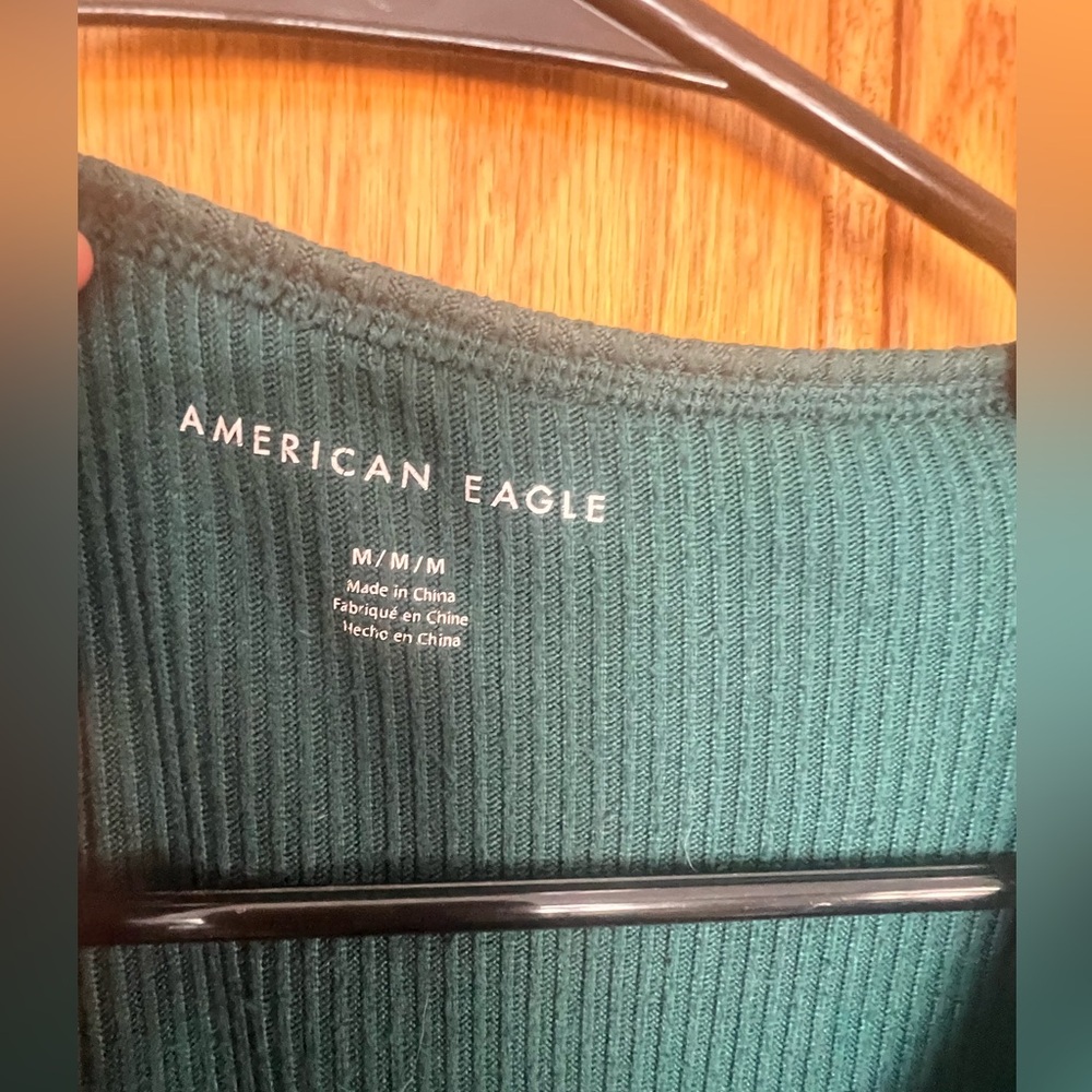 American Eagle - Dark Green Ribbed Knit Long Sleeve V-Neck Top - Picture 2 of 5